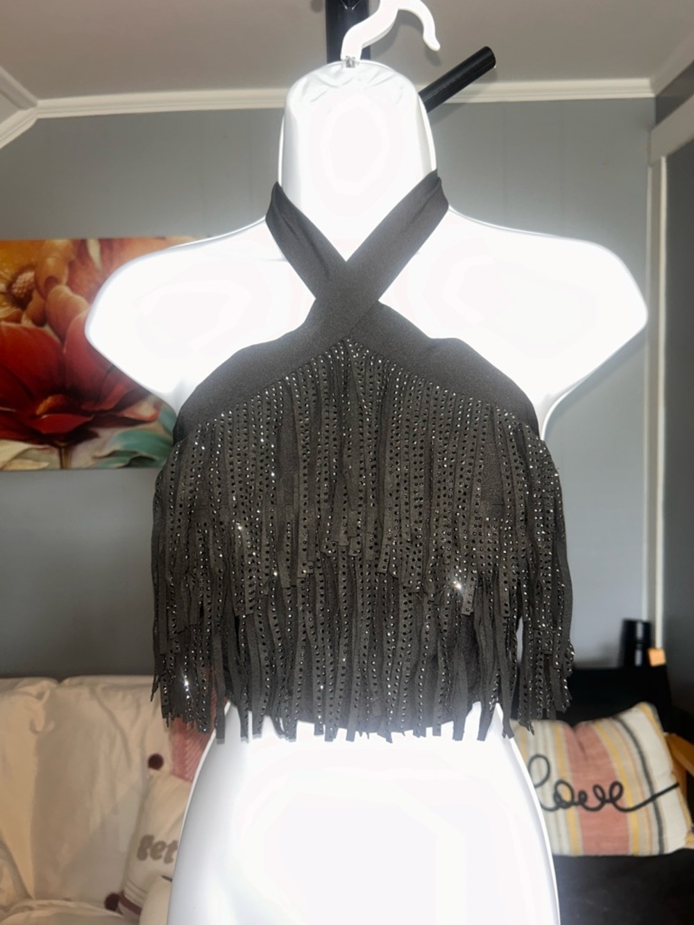 SHEIN Black Crisscross Halter Sequin Fringe Crop Top